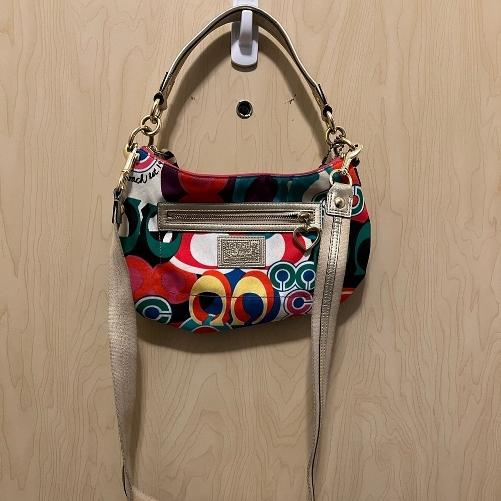 Coach Poppy Multicolor Signature Circle Print Crossbody Bag with Gold Trim